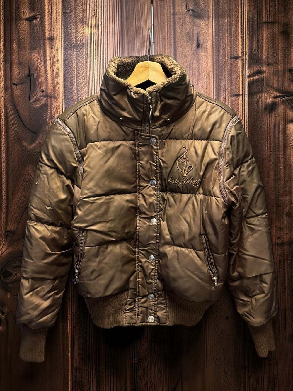 Vintage Baby Phat Y2K Brown Convertible Puffer Jacket with Logo Embroidery